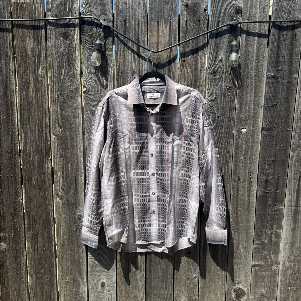 Bugatchi Uomo Shaped Fit Grey and White Plaid Button Down Shirt Work Shirt Large